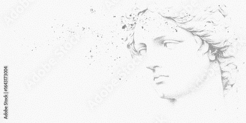 Antique statue. Ink silhouette with coarse grit and rough stipple marks. Grainy threshold borders.