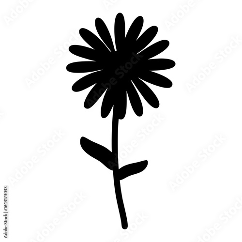 Simple black silhouette of a single stemmed daisy flower with two leaves