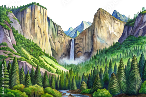Yosemite National Park granite cliffs, towering waterfalls, pine forests, peaceful valley view, famous California nature destination