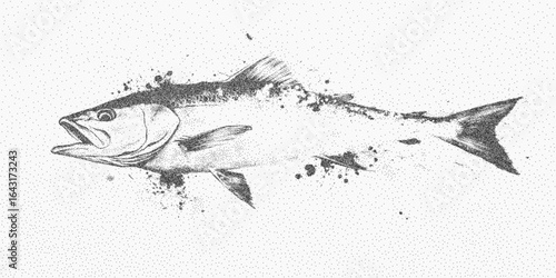 Fish print. Faded brush form with gritty surface, light speckle and paper noise. Worn threshold lines and dusty ink grain complete the look.
