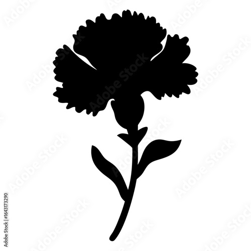 A striking black silhouette of a ruffled carnation flower with stem and leaves