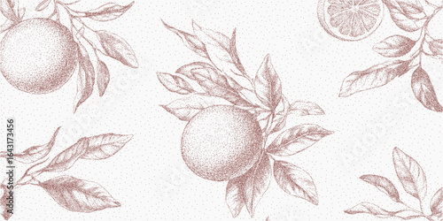 Sicilian oranges pattern. Threshold shape with rough stipple, faded ink grit and paper grain. Dusty overlay and retro surface marks throughout.