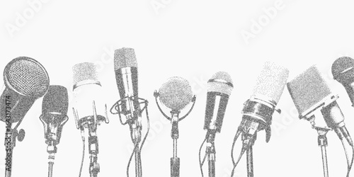 Background with microphones, interview. Simple shape with old ink lines, dusty grain texture and soft grunge pattern. Speckle and paper threshold add vintage depth.