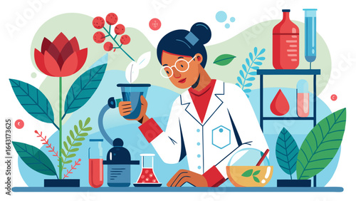 Scientist in lab coat examining plant specimen with microscope amidst botanical elements and lab equipment