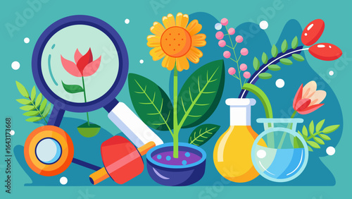 Botanical study scene with flowers in vases magnifying glass and dropper in vibrant colors flat design