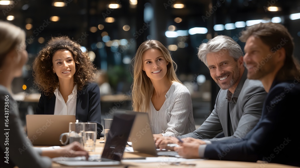 Diverse group of professionals in modern meeting room with laptops and notes Diverse group of professionals in modern meeting room with laptops and notes