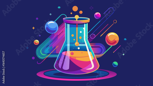 Illustration of a science beaker with colorful liquid and abstract shapes on a dark blue background
