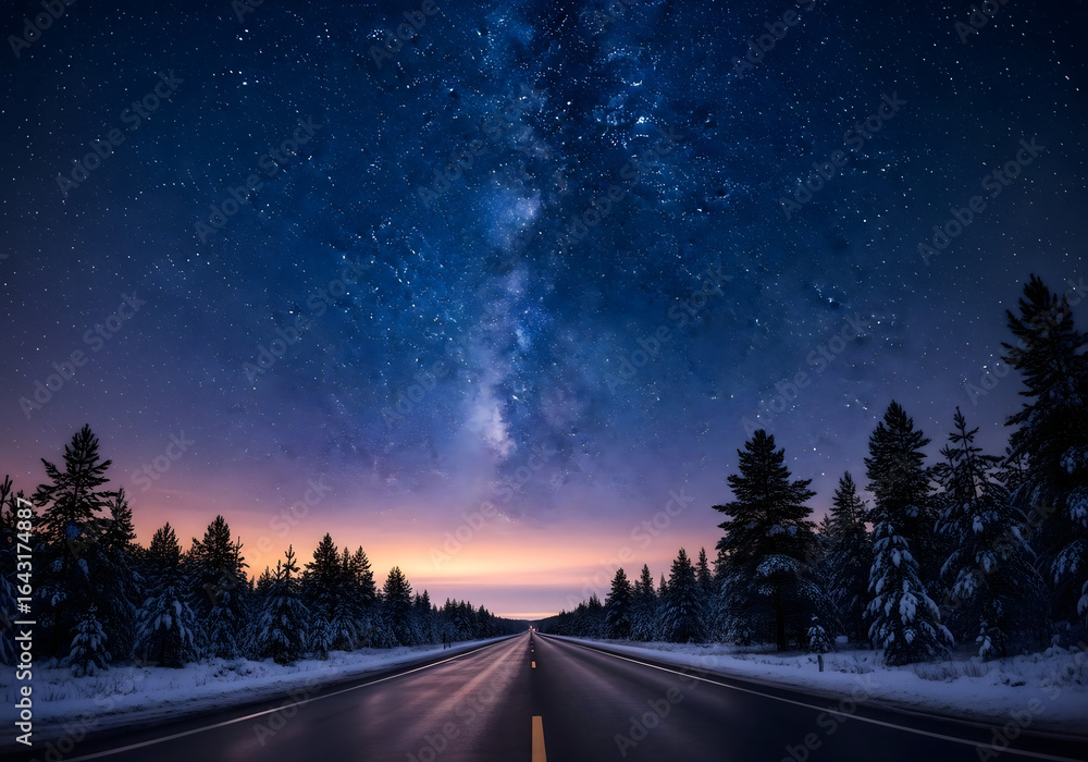 Fototapeta premium long empty road leading to the milky way galaxy in the starry sky