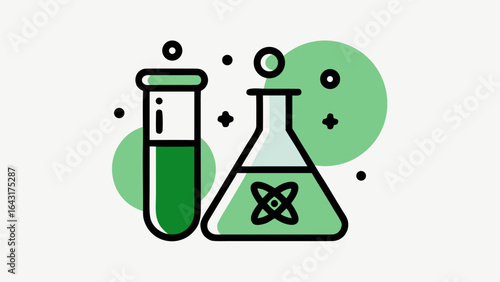 Illustration of a test tube and erlenmeyer flask with green liquid and atom symbol design element