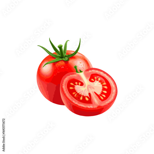 Fresh ripe red tomato and a cut half slice showing seeds and pulp. Healthy organic vegetable ingredient illustration isolated on white.