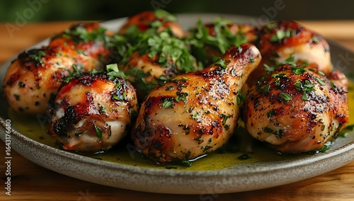 Wallpaper Mural Juicy grilled chicken drumsticks with herbs and spices on ceramic plate. Golden-brown crispy skin garnished with fresh parsley in savory marinade sauce. Torontodigital.ca