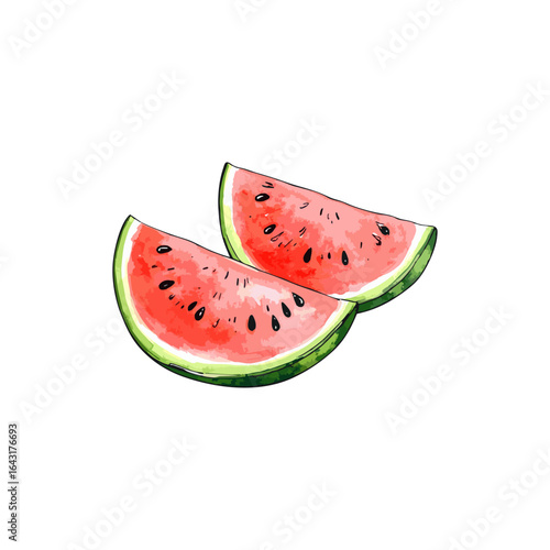 Vibrant watercolor illustration of two juicy watermelon slices, a concept of healthy and refreshing summer fruit.