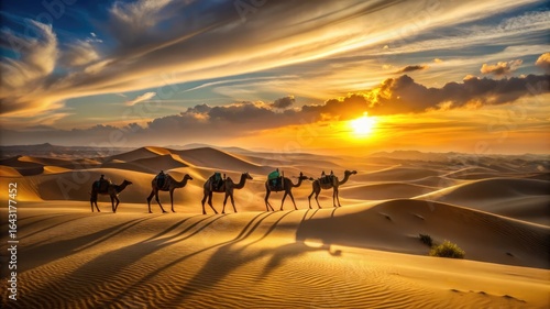 sunrise view over a desert landscape with golden sand dunes and camel silhouettes.