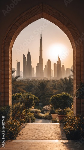Archway view of Dubai skyline at sunrise. Lush gardens and walkway leading into the distance