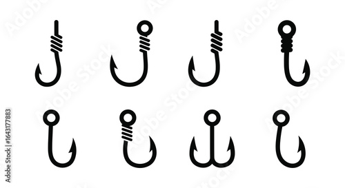 Set of Various Fishing Hook Silhouettes Illustration for Different Fishing Styles and Techniques