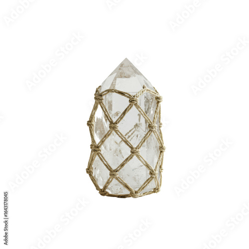 Raw clear quartz crystal point with natural facets and inclusions, in intricate macrame net, isolated on transparent plain with diffused studio light. Concept of natural elegance and pristine