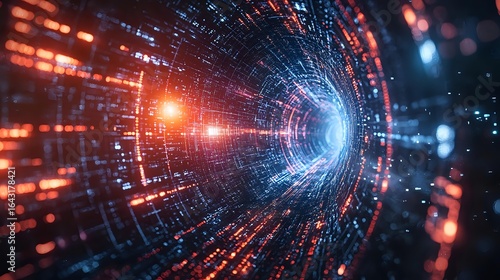 Glowing digital tunnel with orange and blue light effects creating futuristic cyber perspective. Abstract technology background with dynamic motion and energy flow.