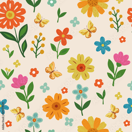 Seamless vibrant floral pattern with colorful blooms and butterfly