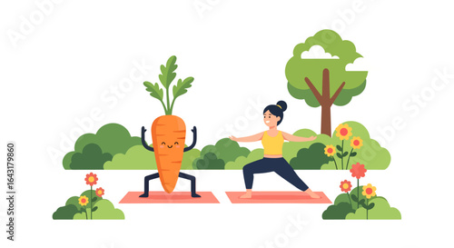Happy Woman and Funny Carrot Character Doing Yoga in Cartoon Style
