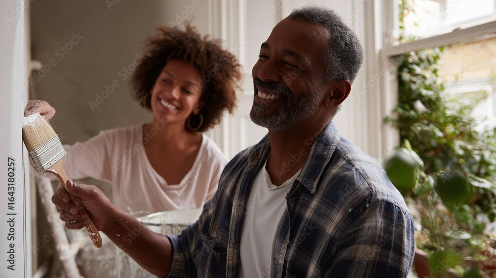 Naklejka premium Couple enjoys painting their home together in a bright and cozy living room during daylight hours