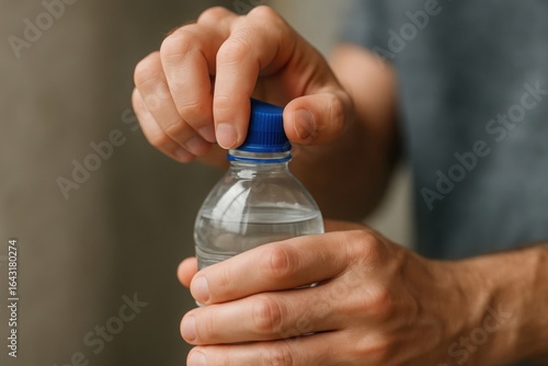 Person opening a clear plastic bottle of water with a blue cap