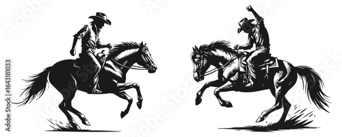 Silhouette of cowboys riding horses in rodeo action