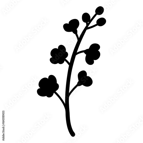 Silhouette of a blossoming branch with round buds and clover shaped flowers