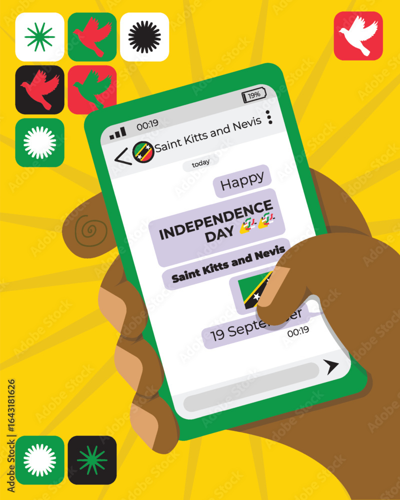 Naklejka premium A hand holding a phone with a chat congratulates Saint Kitts and Nevis Independence Day with a dove and fireworks icon.