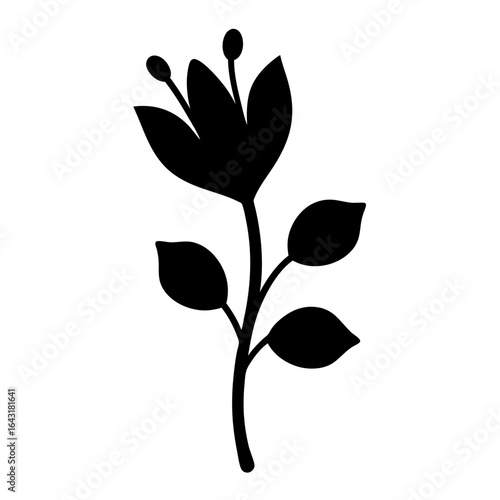 Simple elegant black silhouette illustration of a flower with leaves and stems