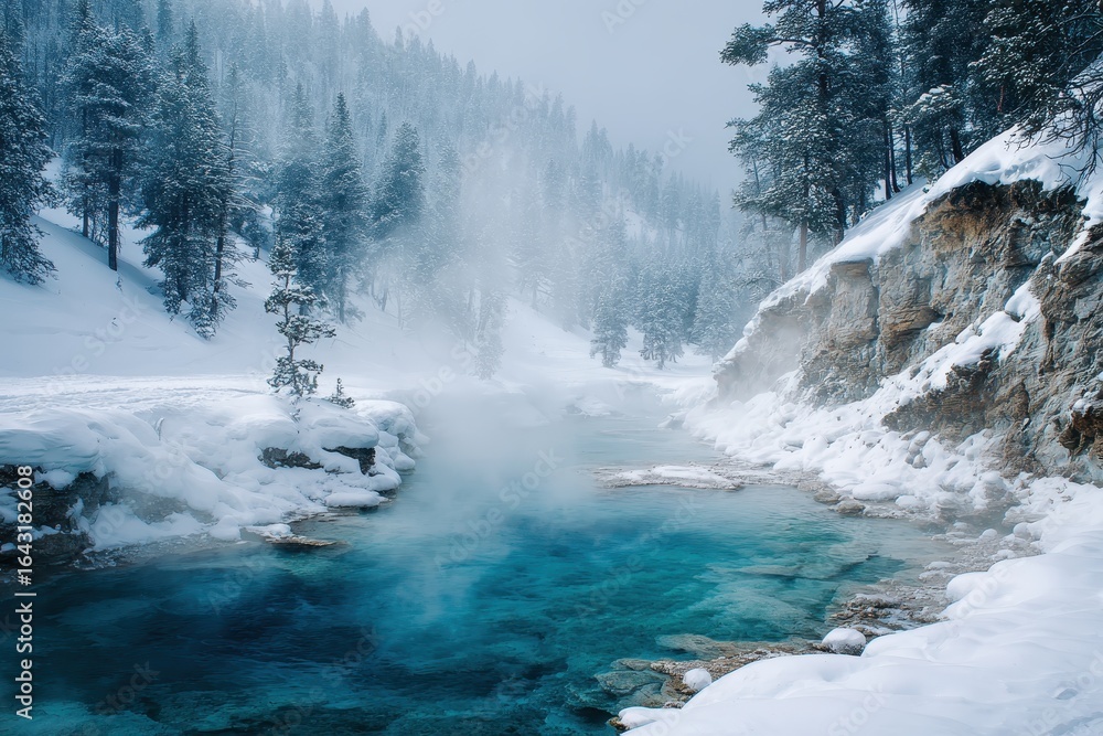 Obraz premium Thermal pool in winter. Snow-covered trees background. Stock image