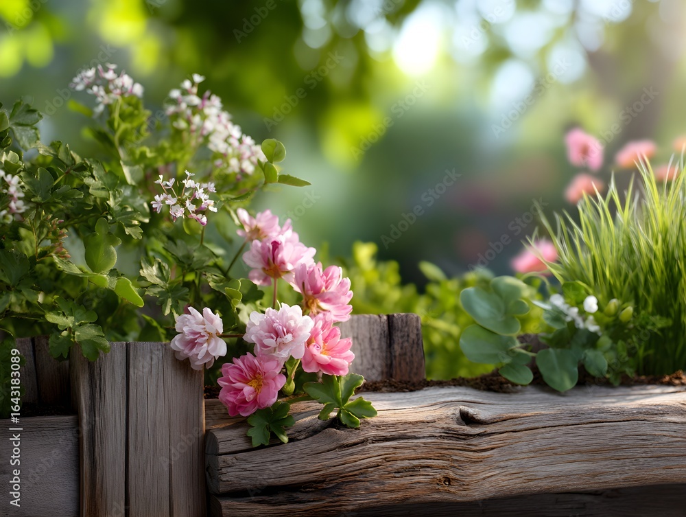 Fototapeta premium Colorful Flowers on Vintage Wooden Fence