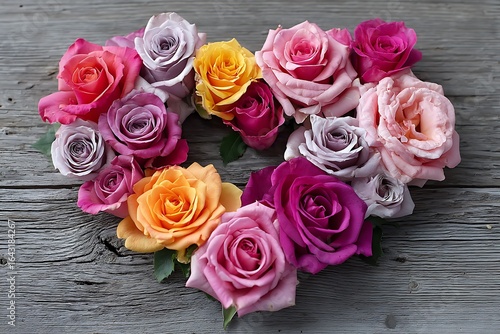 Heart-shaped arrangement of vibrant roses arranged beautifully on a rustic wooden background.