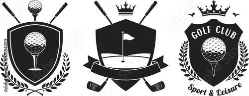 Golf club emblems vintage crests with golf balls clubs