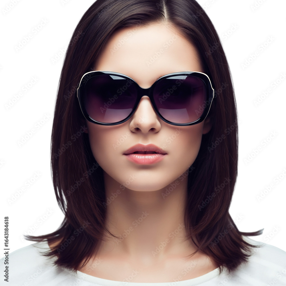 A young woman with straight brown hair wears large black sunglasses. She has a neutral expression and a smooth complexion. The background is transparent. A young woman with straight brown hair wears large black sunglasses. She has a neutral expression and a smooth complexion. The background is transparent.