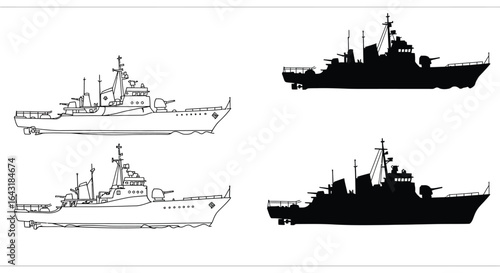 Naval Ship Illustrations Line Art and Silhouettes