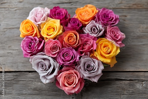 Heart-shaped arrangement of vibrant roses arranged beautifully on a rustic wooden background.
