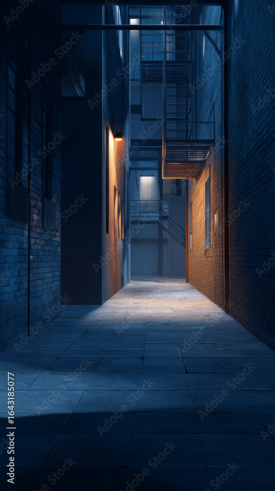 Fototapeta premium Narrow Urban Alleyway with Fire Escape, Streetlight Glow, Moody Night Atmosphere 
