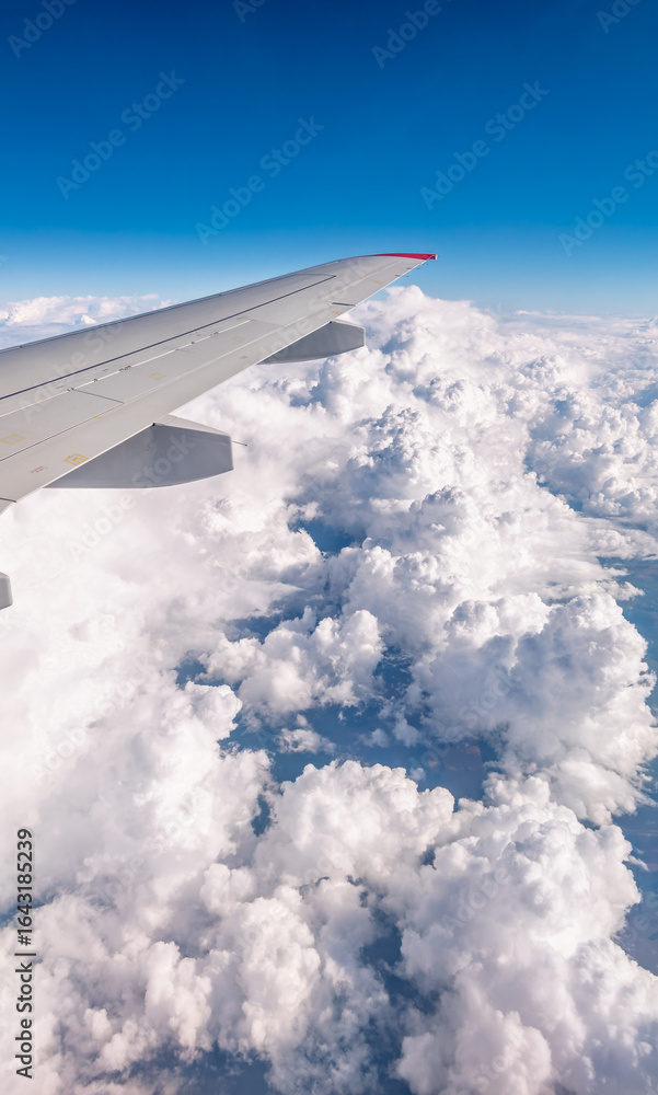 Fototapeta premium View from the airplane window at a beautiful cloudy sky and the airplane wing