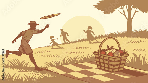 A joyful scene of a man throwing a frisbee in a sunny park, surrounded by children playing and a picnic basket nearby.