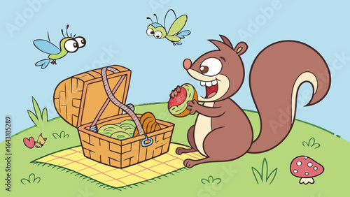 A cheerful cartoon squirrel enjoying a picnic with friends, surrounded by colorful insects and a vibrant landscape.