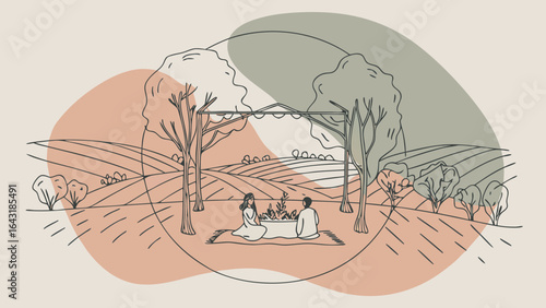A serene scene of a couple, one male and one female, sitting by a campfire in a lush landscape.