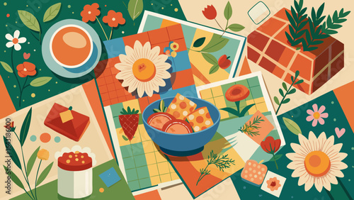 A vibrant illustration featuring a collection of fruits, flowers, and patterns, creating a cheerful and artistic arrangement.