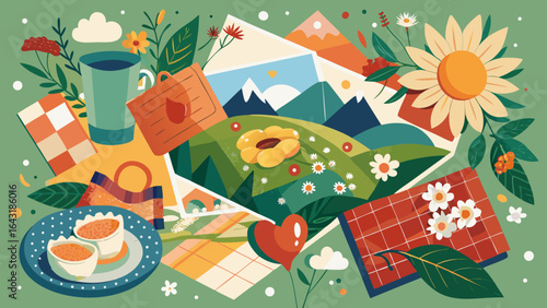 Vibrant illustration featuring a picnic scene with a sunflower, tea, and scenic landscapes.