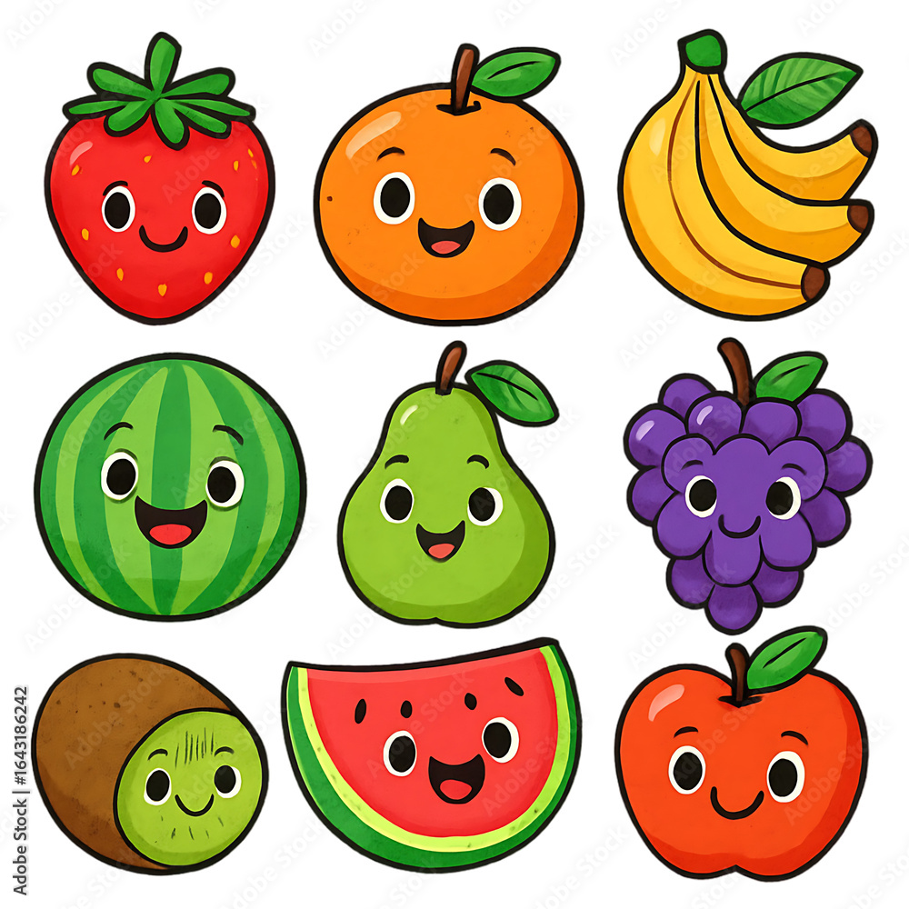 Fototapeta premium Colorful Cartoon Fruits Isolated on Black Background