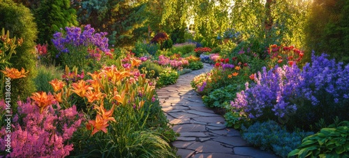Fototapeta Naklejka Na Ścianę i Meble -  The Vibrant Floral Pathway Amidst a Colorful Garden in Full Bloom