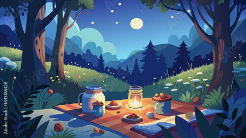 A cozy evening picnic scene under a full moon, featuring delicious snacks on a blanket surrounded by nature.