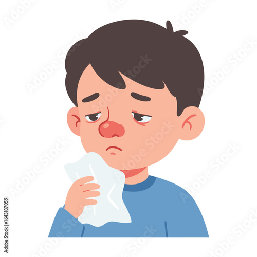 A sick young boy with a red nose holds a tissue, feeling unwell from a cold, flu, or seasonal allergy symptoms.