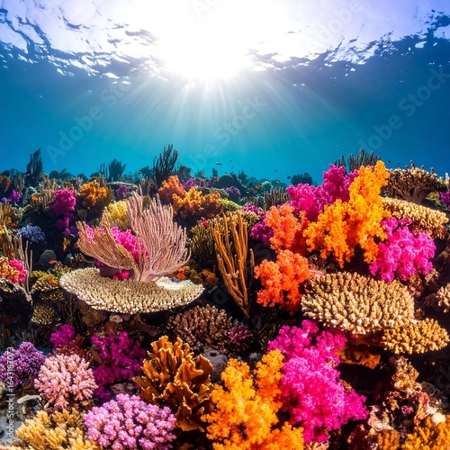 Vibrant coral reef under sunlit water