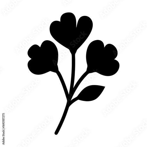Minimalist black silhouette of a blooming flower with three heartshaped petals