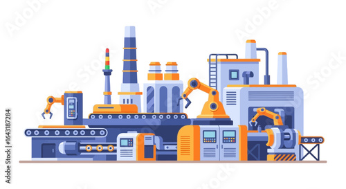 Abstract Illustration of an Automated Industrial Plant with Robotic Arms